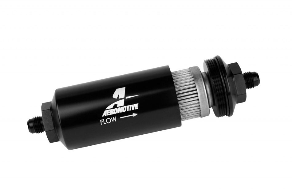 Aeromotive 6an Inline Fuel Filter 40 Micron 2in OD Black 12348