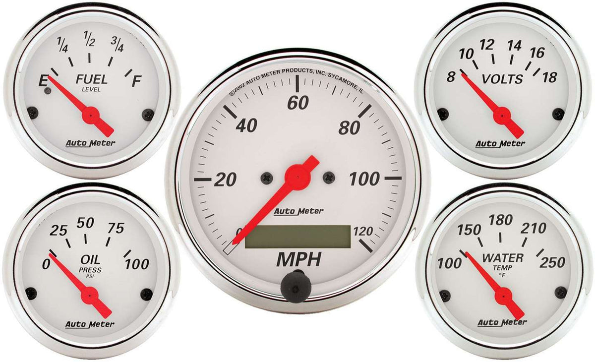 AutoMeter Arctic White Gauge Kit - Analog Fuel Level, Oil Pressure & Speedometer - 704 Auto Parts