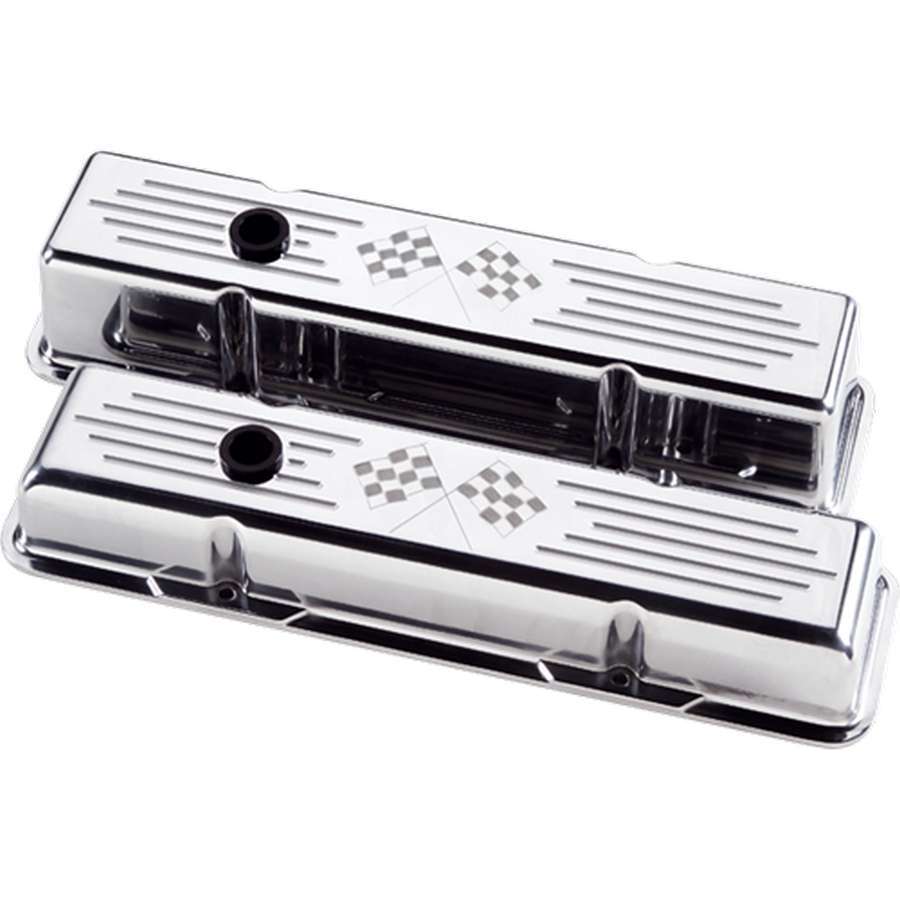 Billet Specialties SBC Checkered Flag Billet Valve Covers - Stock Height, Polished - 704 Auto Parts