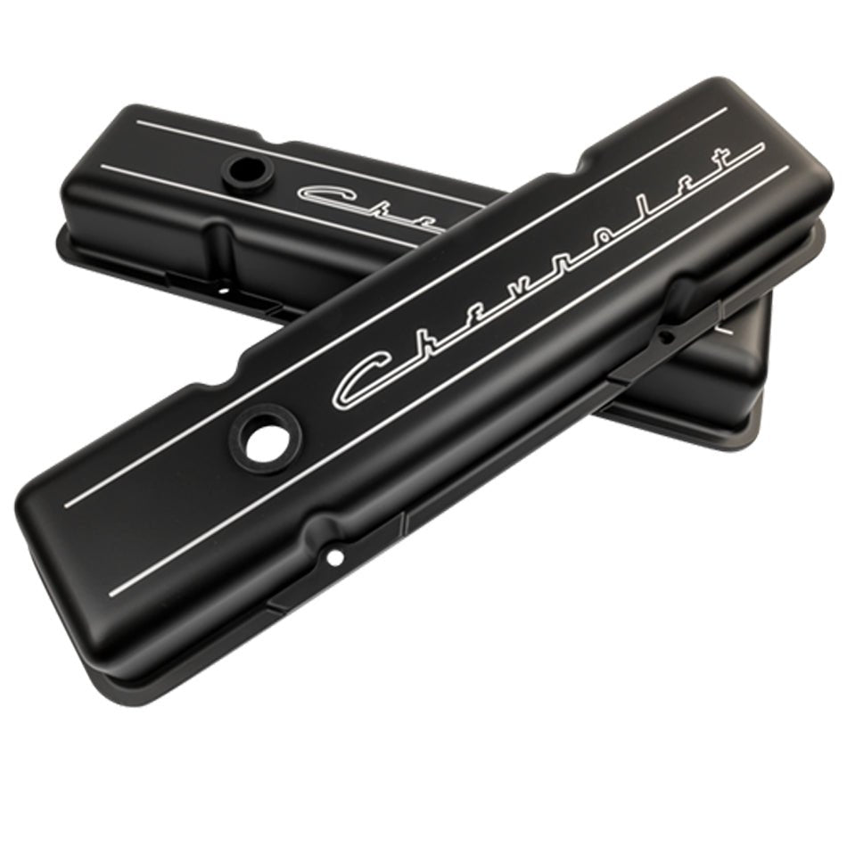 Billet Specialties SBC Valve Covers - Black Billet Aluminum with Chevy Logo - 704 Auto Parts