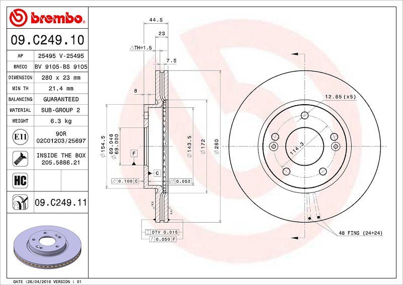 Brembo 11" Vented Disc Brake Rotor 09C24911C02 - 704 Auto Parts