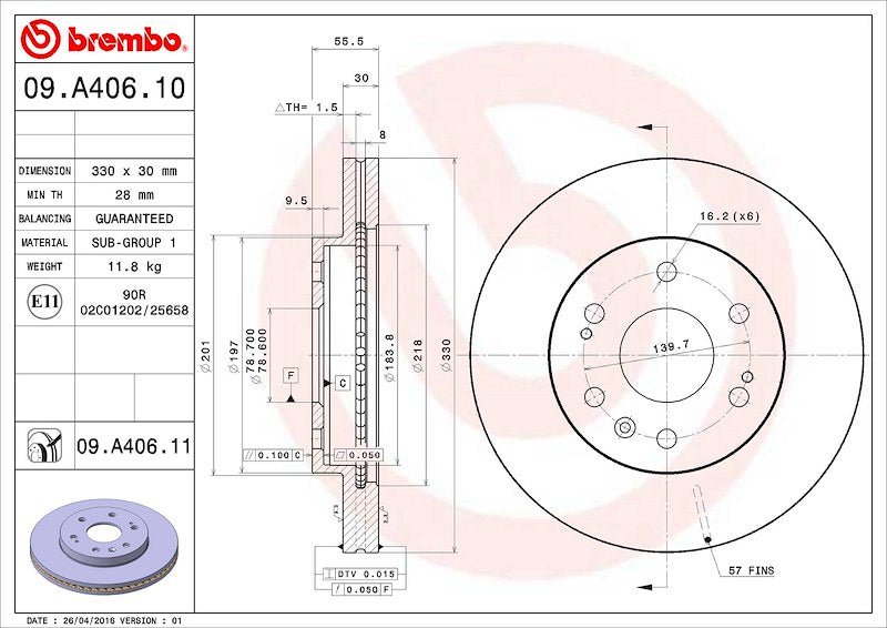 Brembo 12.9" Vented Disc Brake Rotor 09A40611C02 - 704 Auto Parts