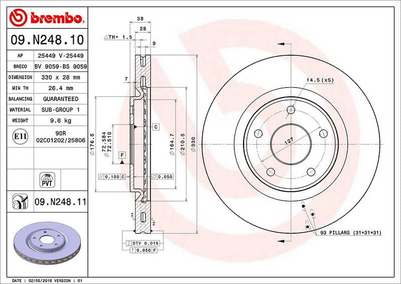 Brembo 12.9" Vented Disc Brake Rotor 09N24811C02 - 704 Auto Parts